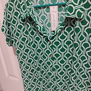 J. Crew Green and White Patterned Men's Shirt